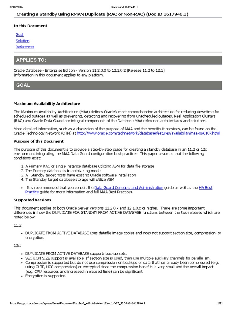 Creating A Standby Using RMAN Duplicate (RAC or Non RAC) (Doc ID ...