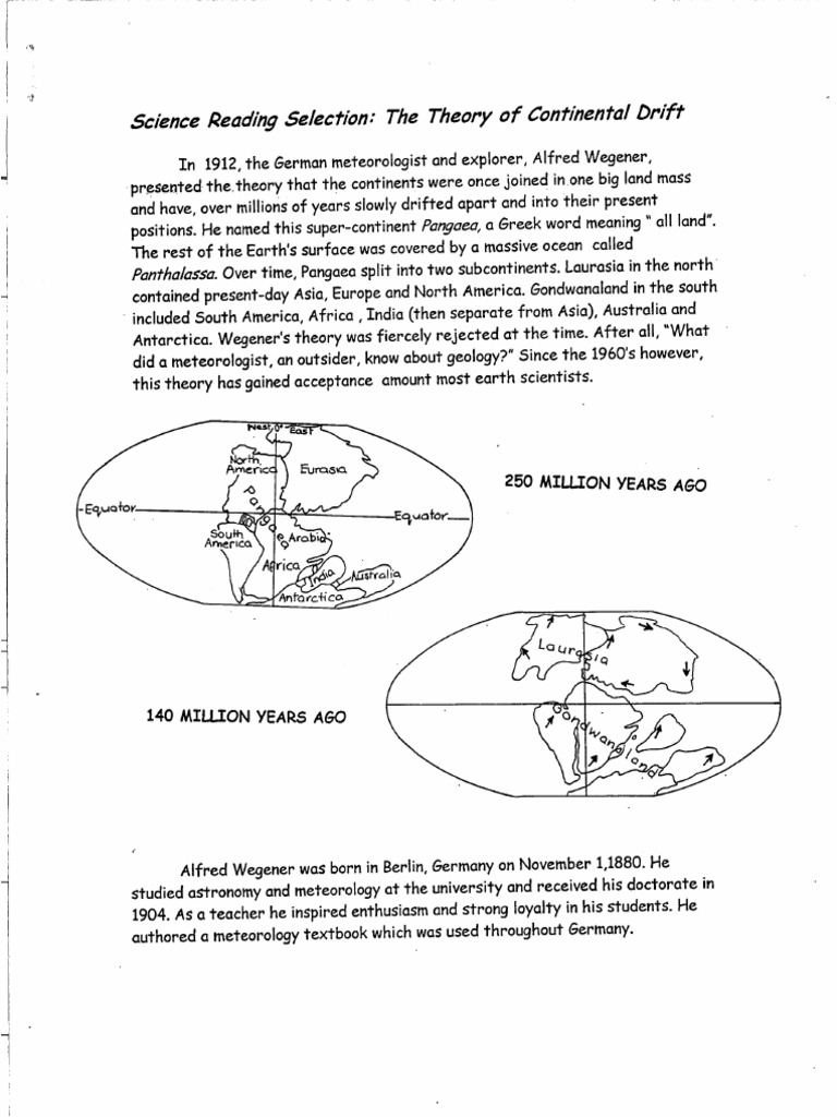 Science Reading Selection- Theory of Continental Drift