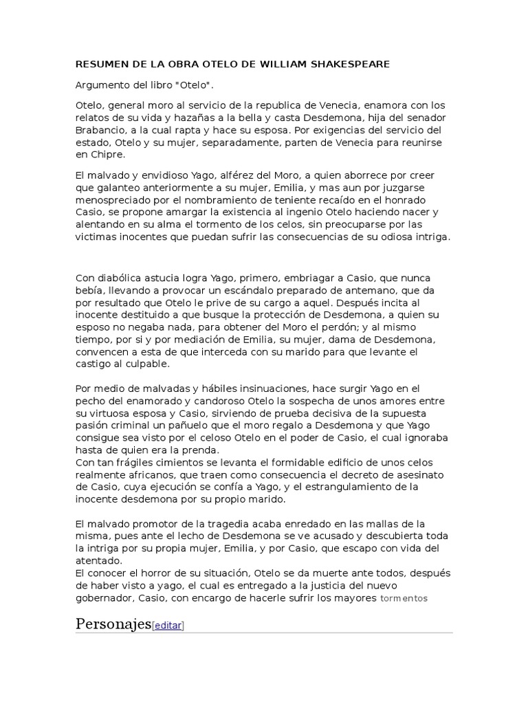 Resumen de La Obra Otelo de William Shakespeare | PDF | OTELO | Bancos