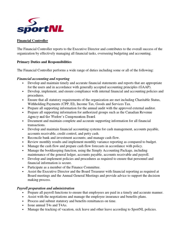 Financial Controller Job Description Payroll Accounting