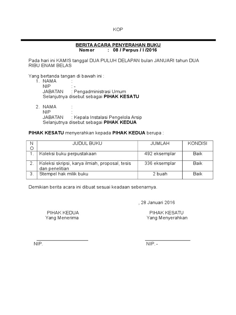 Berita Acara Penyerahan Buku