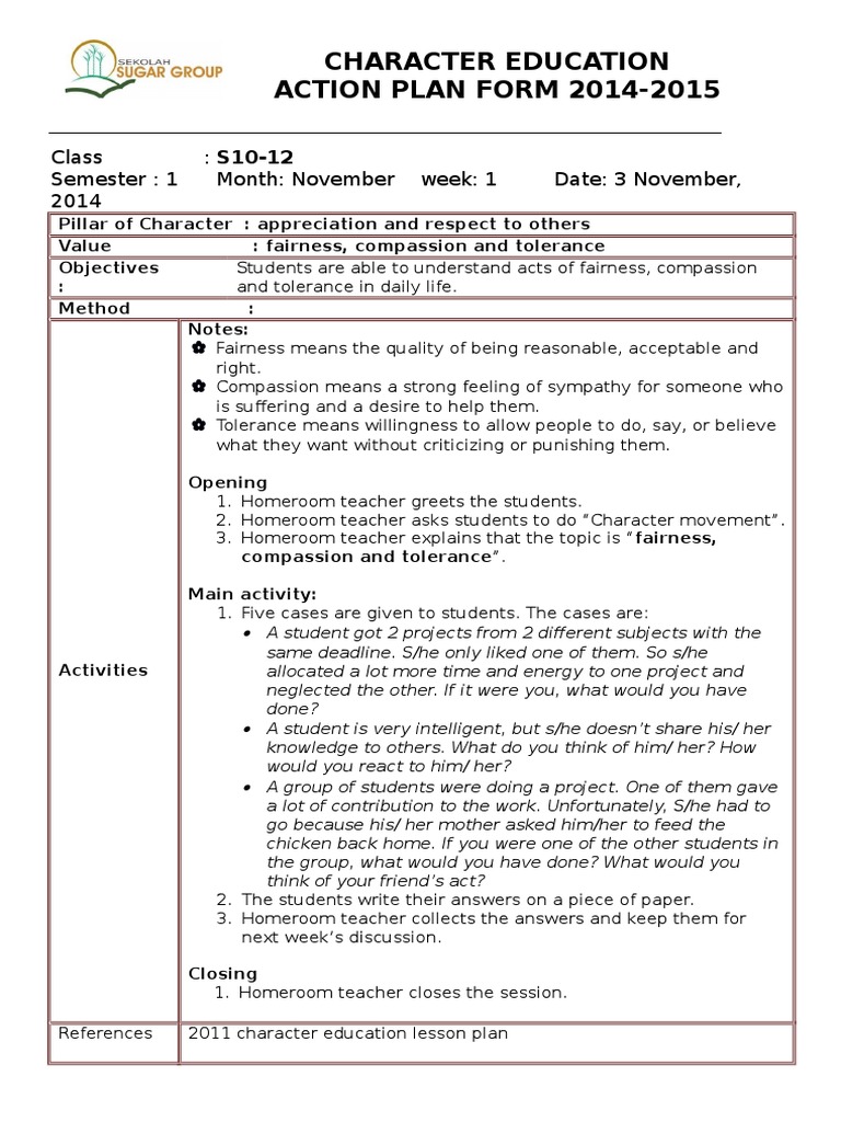 Character Education ACTION PLAN FORM 2014-2015 | PDF | Career & Growth ...