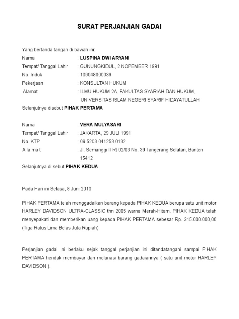 Contoh Surat Gadai Mobil