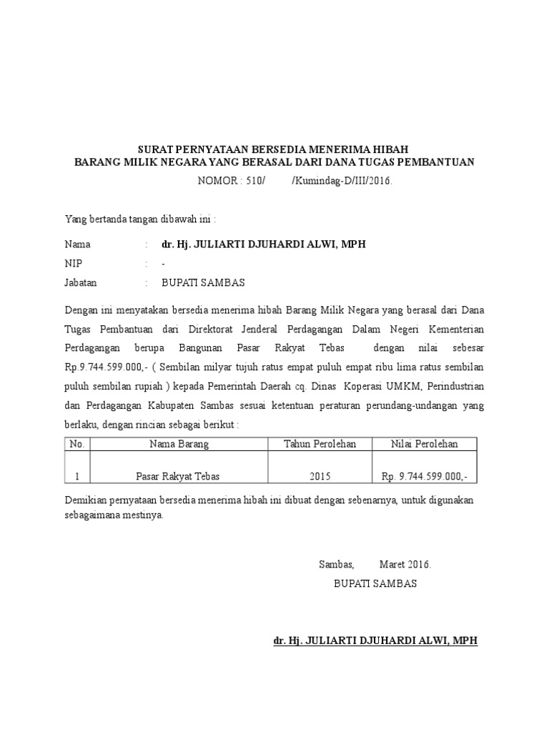 Format Surat Pernyataan Bersedia Menerima Hibah Kab Sambas