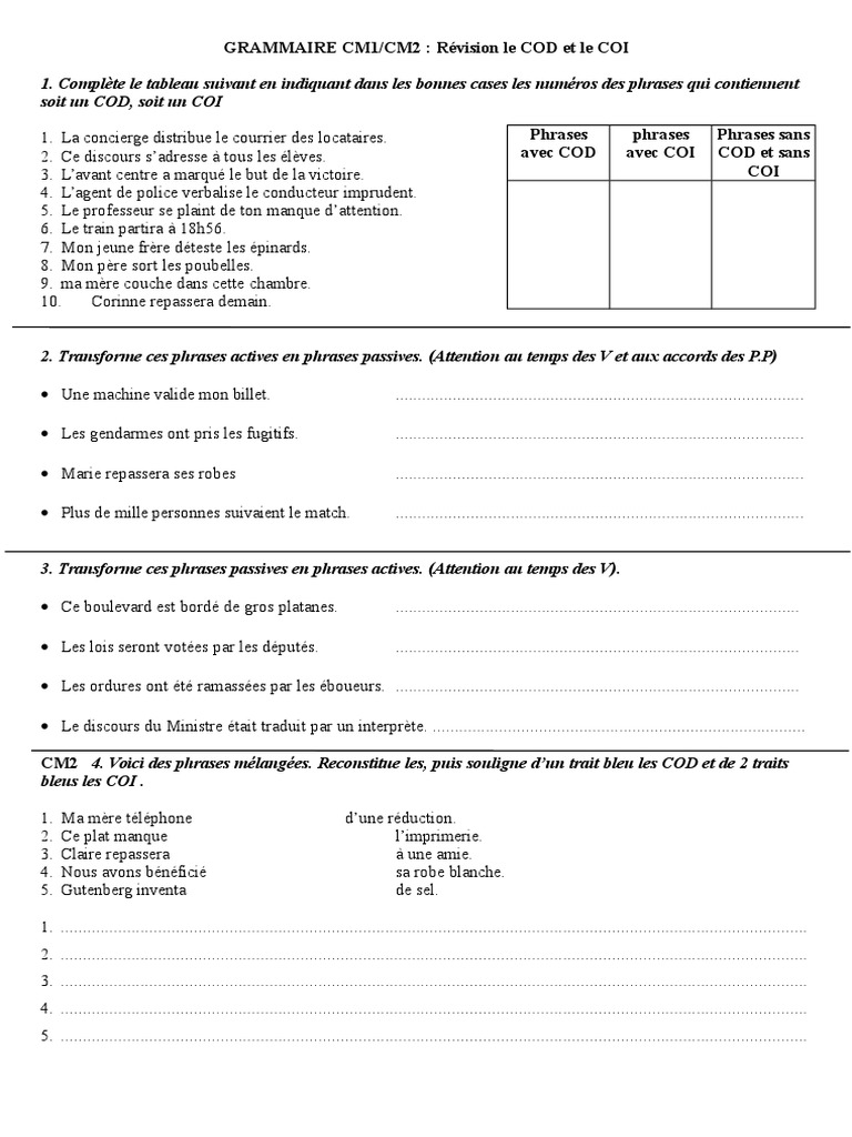 Evaluation Cod Coi Cm2 à Imprimer Exercices COD COI | PDF