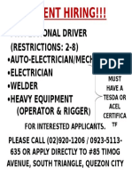 Urgent Hiring for Professional Driver, Auto Mechanic, Electrician, Welder and Heavy Equipment Operator - TESDA Certificate Required