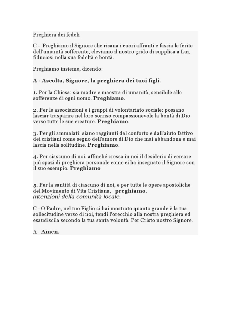 Preghiera Dei Fedeli Per I Genitori Preghiera Dei Fedeli Mc1, 29-39 (V Dom B) | PDF
