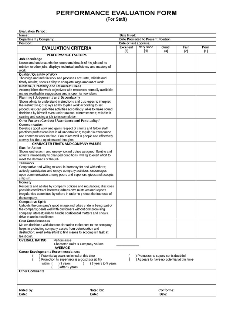 Work Performance Evaluation Form