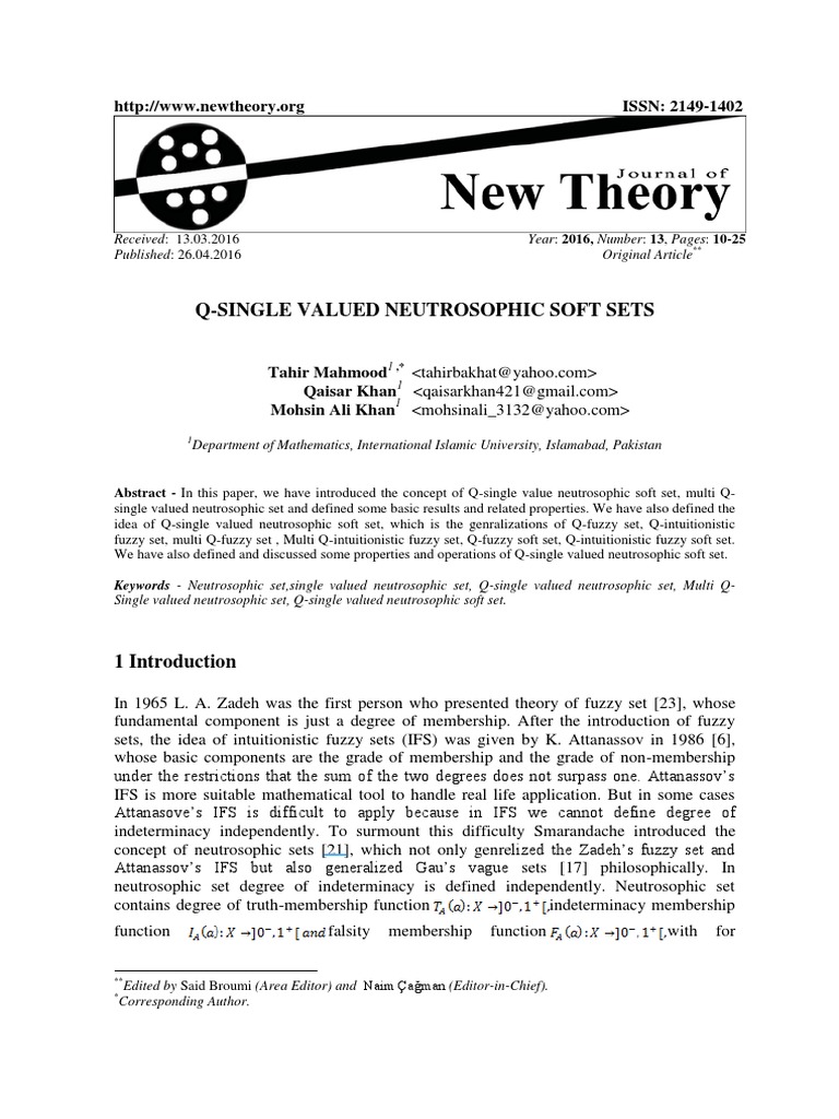 Q-Single Valued Neutrosophic Soft Sets | PDF | Function (Mathematics ...