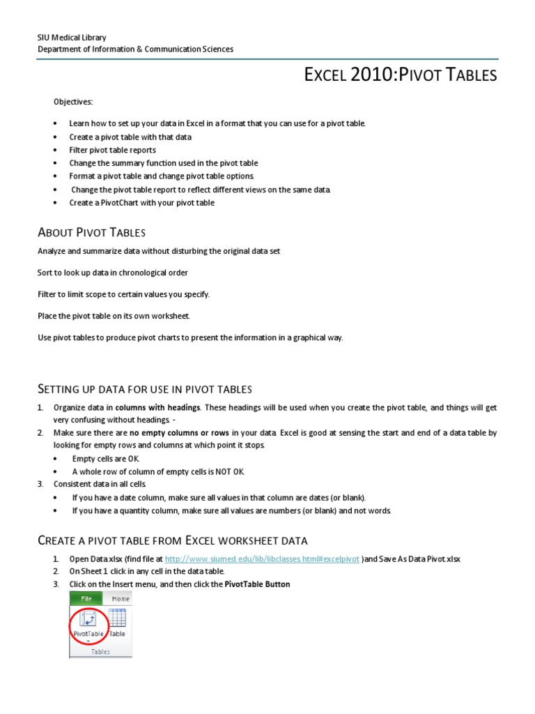 Excel 2010: Creating Pivot Tables | PDF