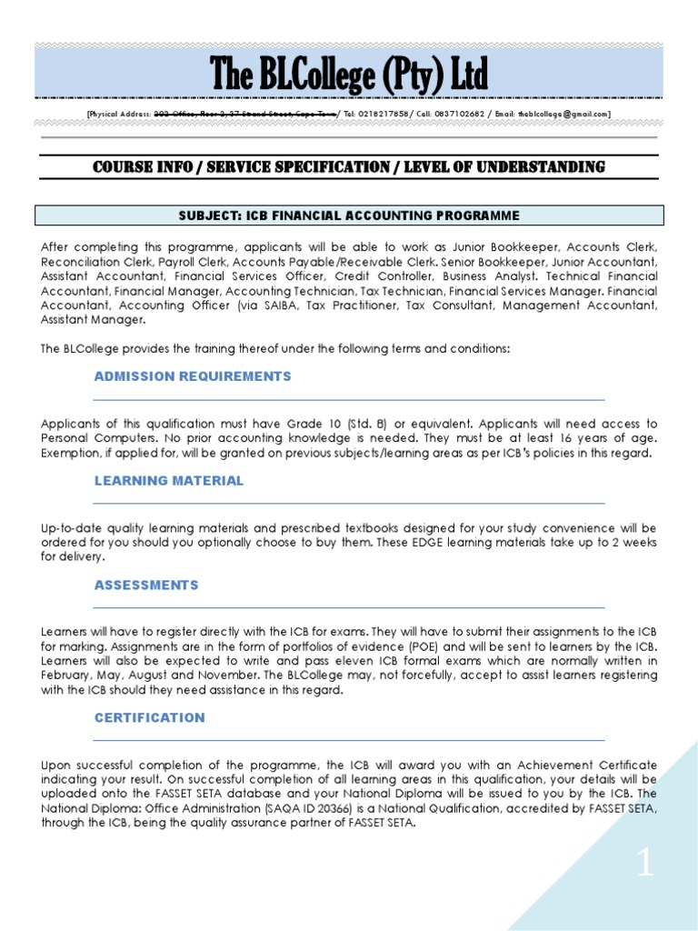 The BLC ICB Financial Accounting Programme Bookkeeping Management