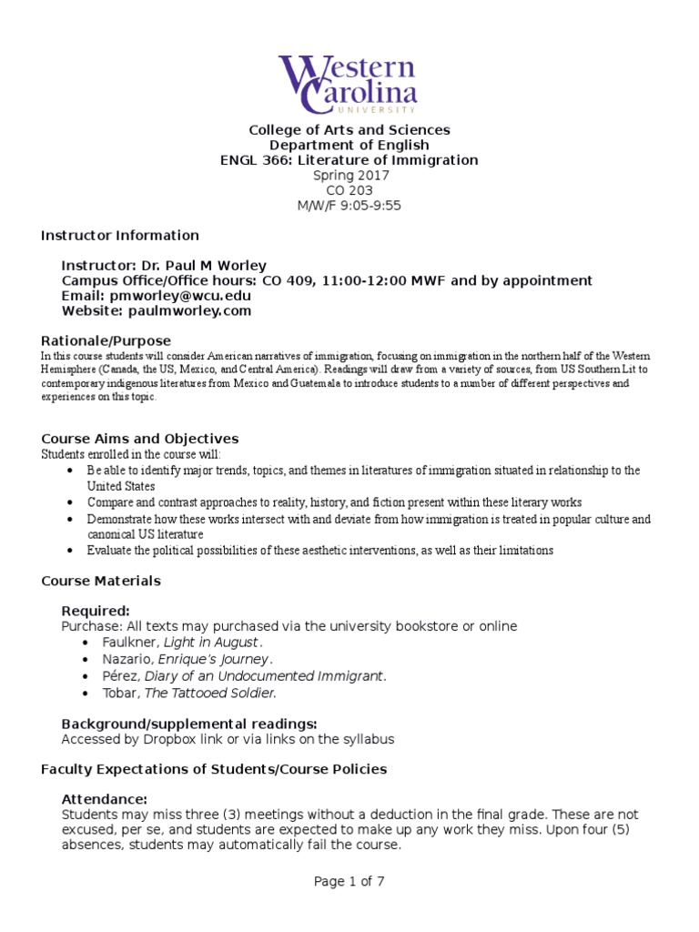ENGL 366 Literature of Immigration Syllabus PDF Academic Integrity