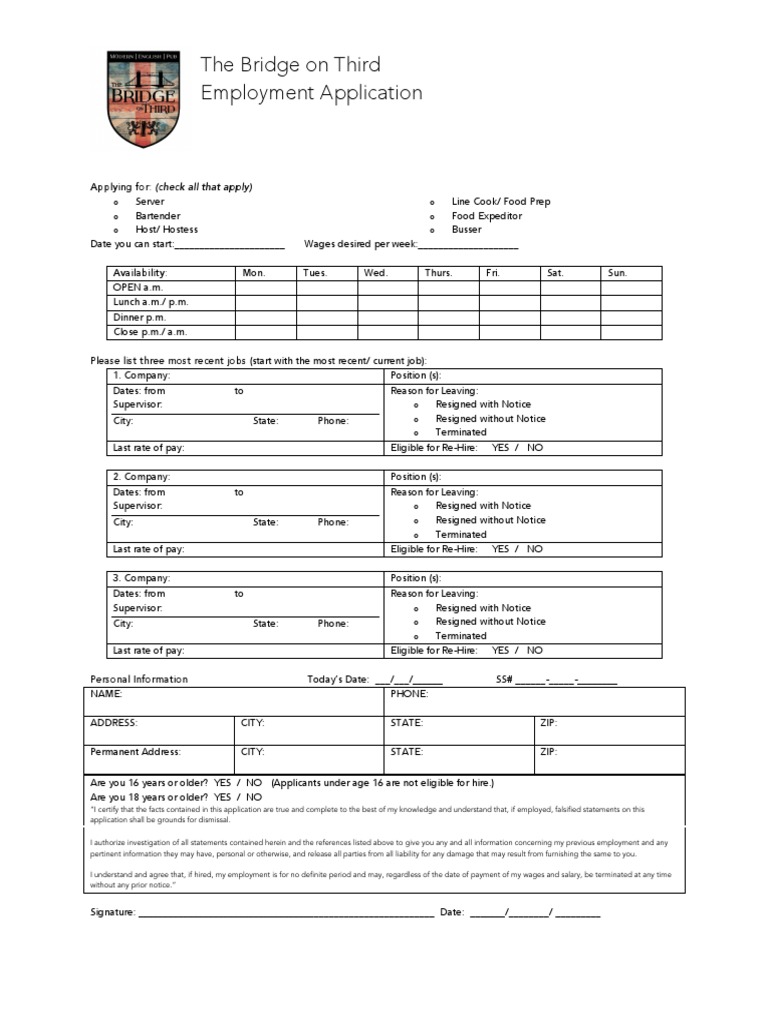 The Bridge On Third Employment Application | PDF