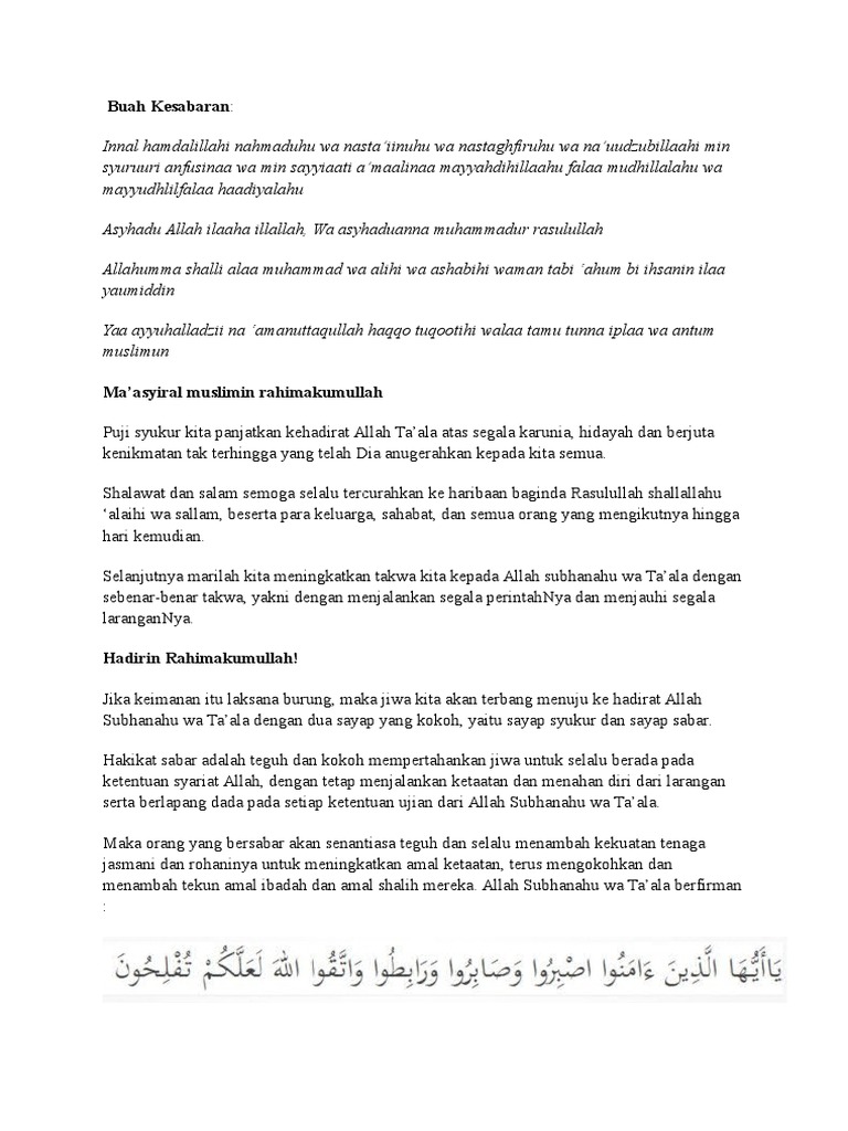 Berikut Contoh Khutbah Jumat Singkat Dengan Tema Buah Kesabaran Pdf