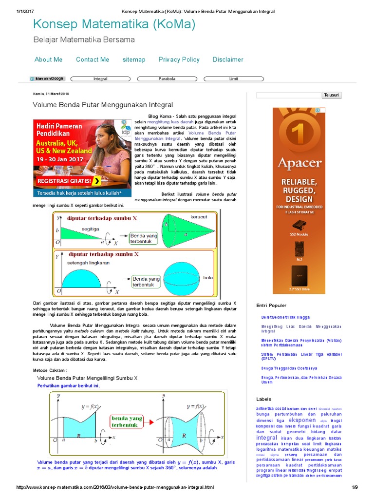 Konsep Matematika KoMa Volume Benda Putar Menggunakan Integral