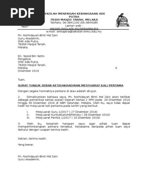 Surat Tunjuk Sebab Tidak Hadir Meyuarat Pdf