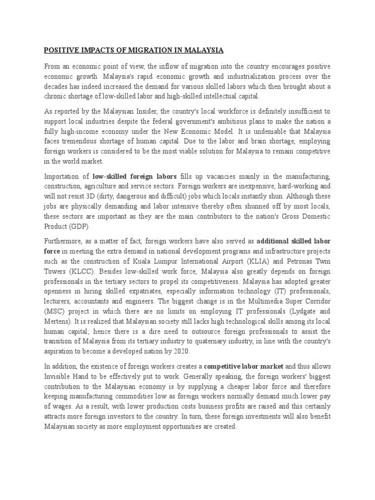 Positive Impacts of Migration in Malaysia | PDF | Foreign Worker ...