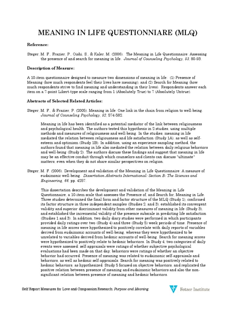Meaning in Life Questionnaire Overview | PDF | Meaning Of Life ...