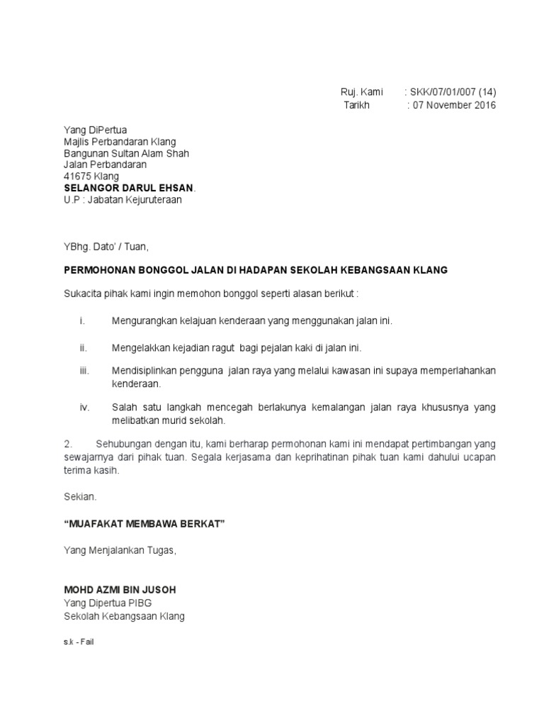 Contoh Surat Rasmi Memohon Pembaikan Jambatan Pejalan Kali