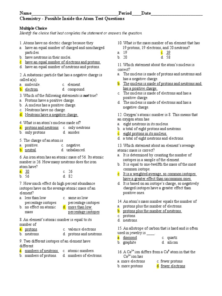 Inside the Atom Test Questions | PDF | Atoms | Proton