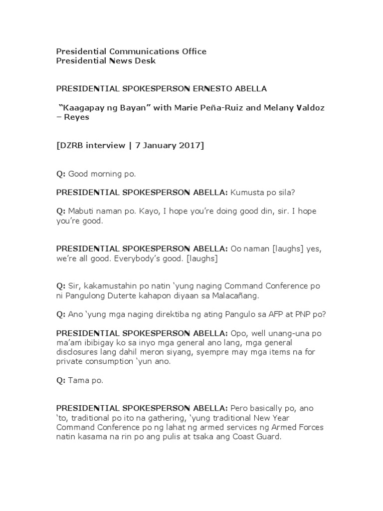 Transcript - DZRB Interview With Presidential Spokesperson Ernesto ...