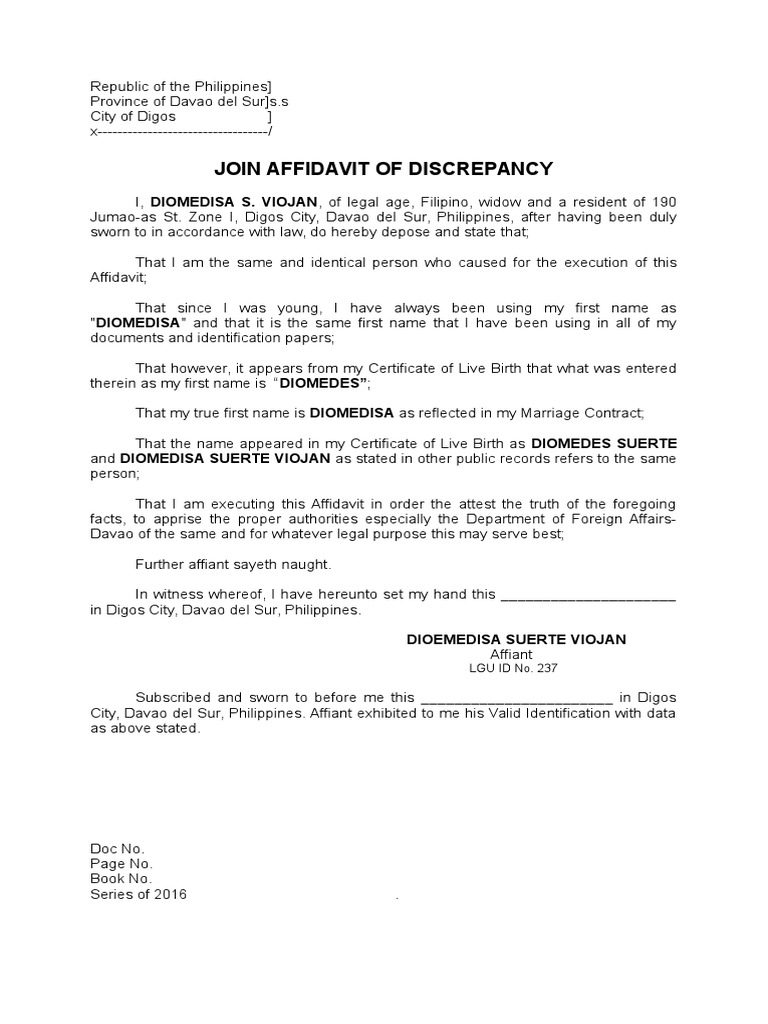 Affidavit Discrepancy Affidavit Identity Document