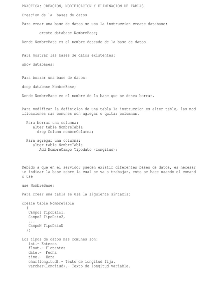1 Creacion, Modificacion y Borrado de Tablas SQL | PDF | SQL | Bases de ...