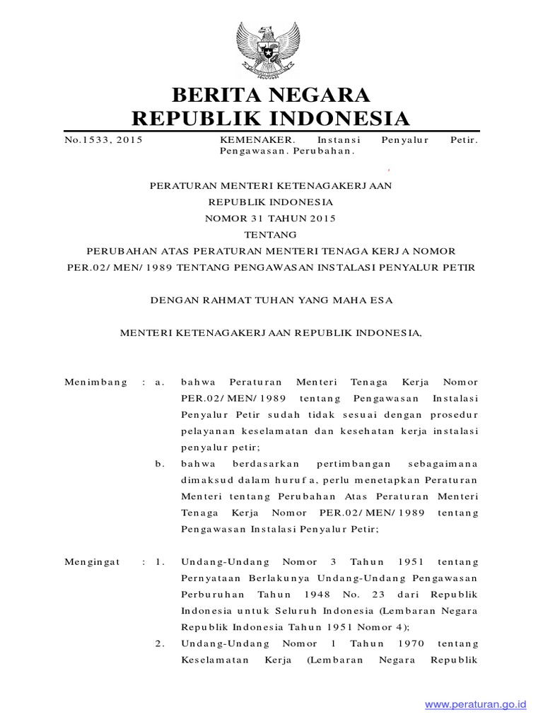 PERMEN KEMENAKER Nomor 31 Tahun 2015 (Kemenaker No 31 TH 2015)  PDF