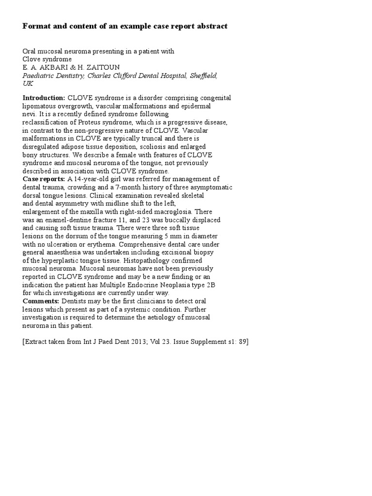 Format and Content of An Example Case Report Abstract | PDF