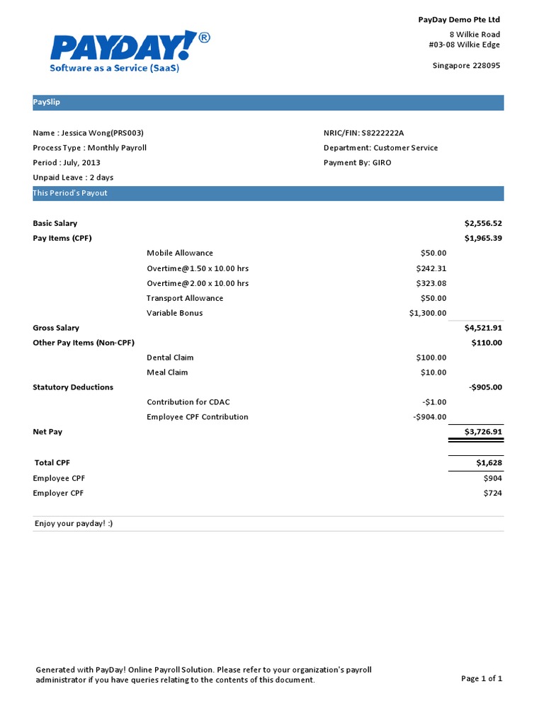 Singapore Monthly Payslip Example | PDF | Finance & Money Management