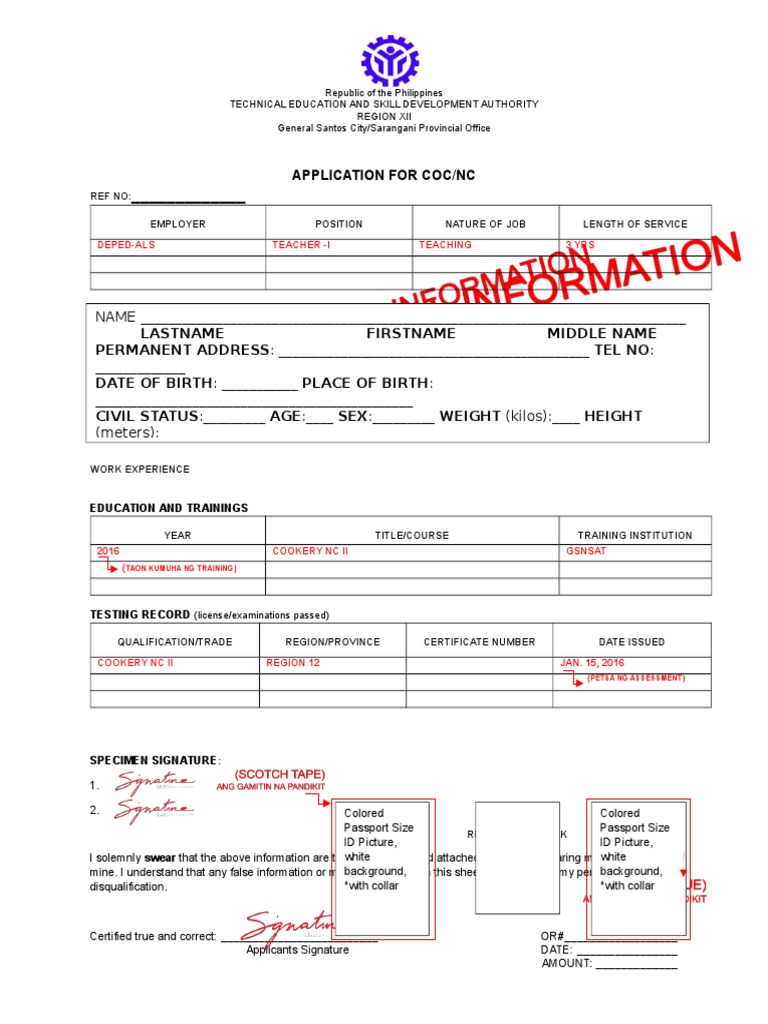 COC/NC Application Form for Cookery NC II | PDF