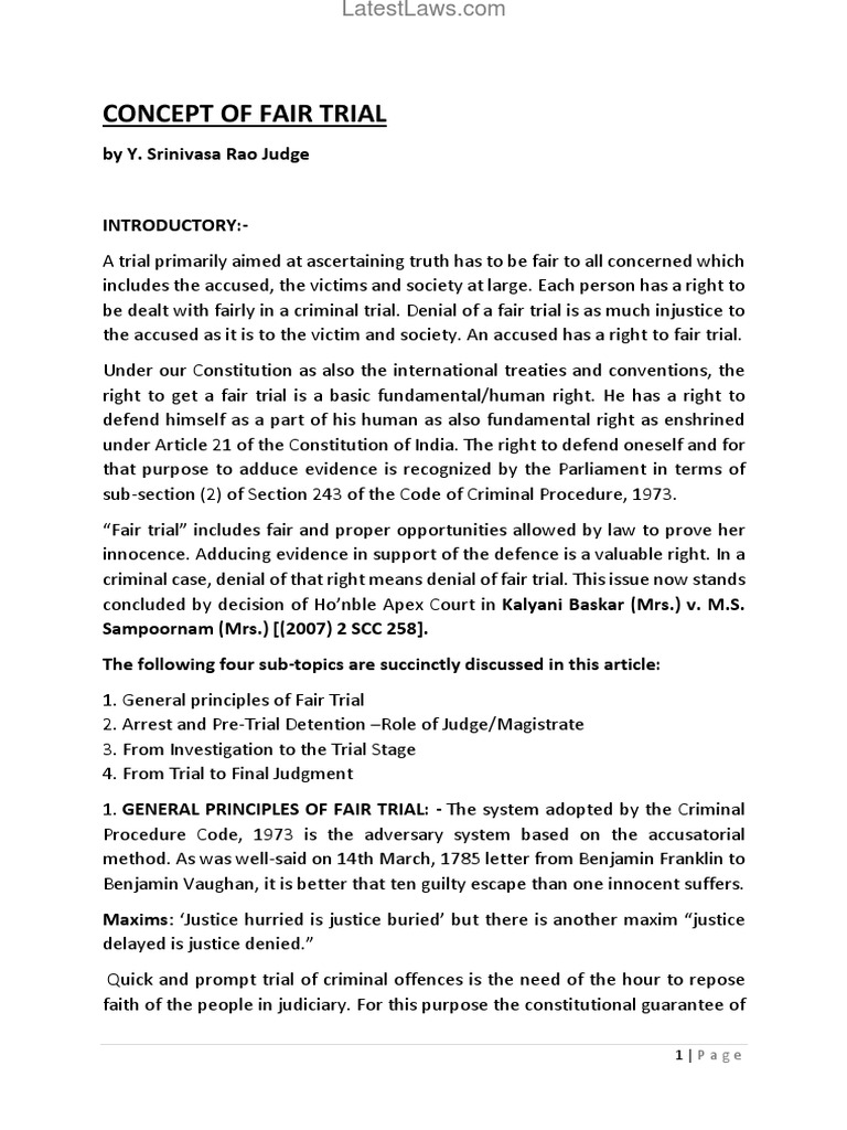 'Concept of Fair Trial' by Y Srinivasa Rao Judge Right To A Fair