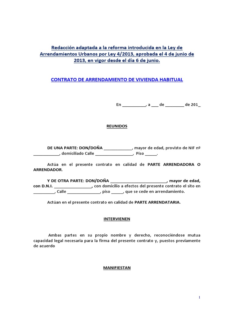 2013 Junio Modelo de Arrendamiento de Vivienda Habitual