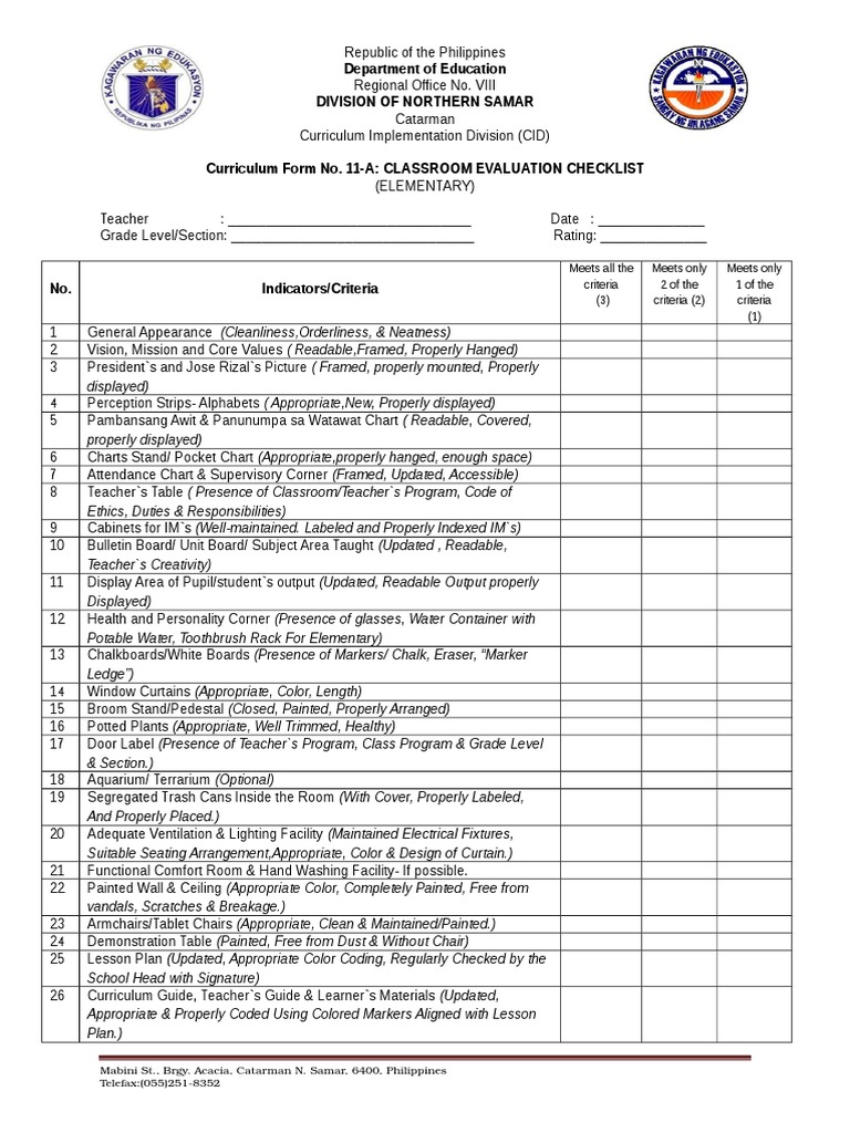 Classroom Evaluation Checklist PDF Classroom Teachers