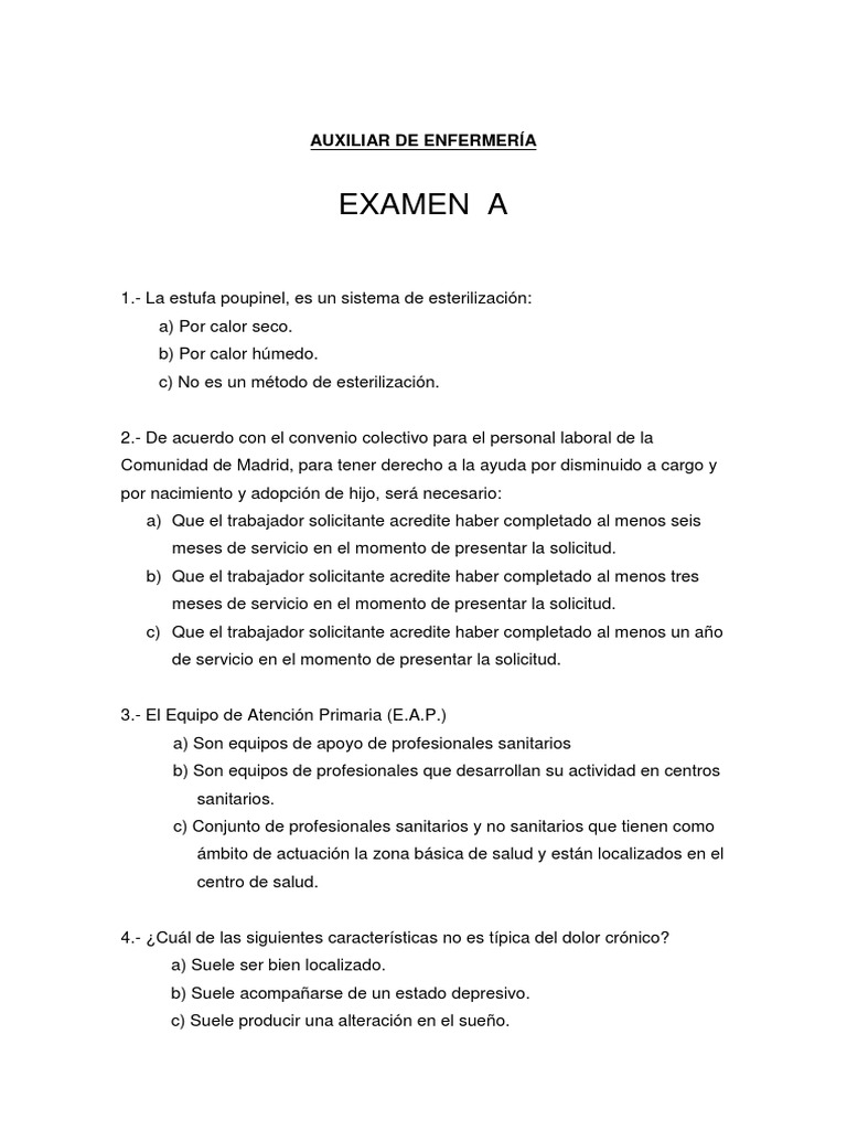 Examen de Auxiliar de Enfermeria Hospital Enfermería