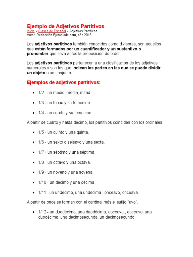 Ejemplos de Adjetivos Partitivos | PDF | Adjetivo | Mecánica del lenguaje