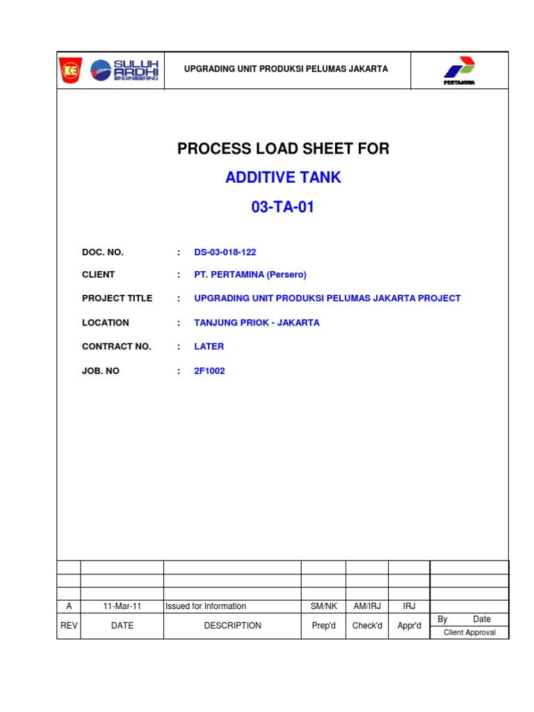 Process Load Sheet For: Additive Tank 03-TA-01 | PDF | Gases | Chemistry