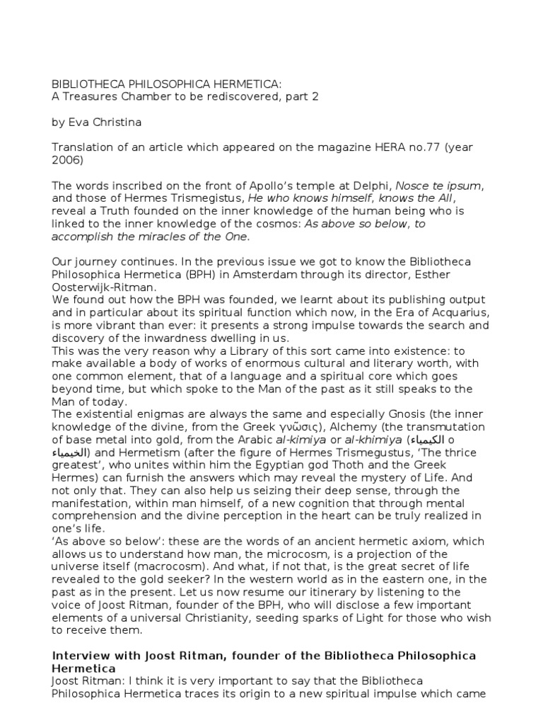 Interview To Joost Ritman - Bibliotheca Philosophica Hermetica - Part ...