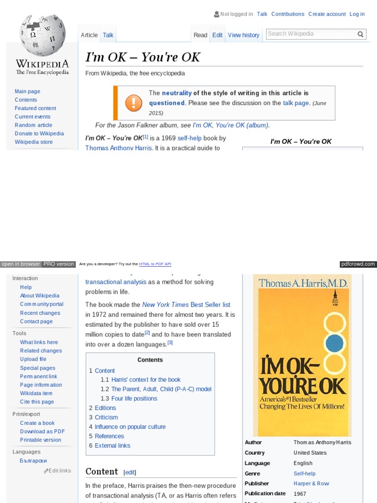 En Wikipedia Org Wiki I M OK E2!80!93 You Re OK PDF Psychology