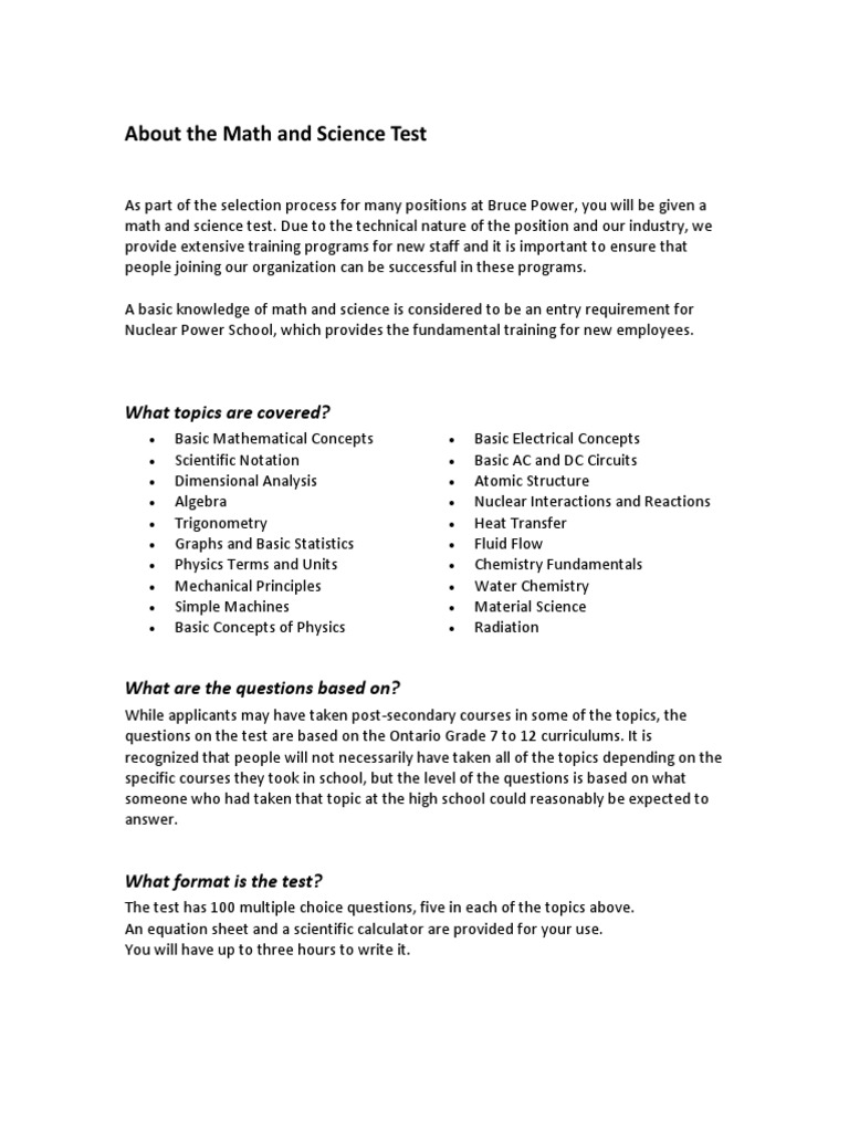Bruce Power Math & Science Test Guide | PDF | Teaching Mathematics ...