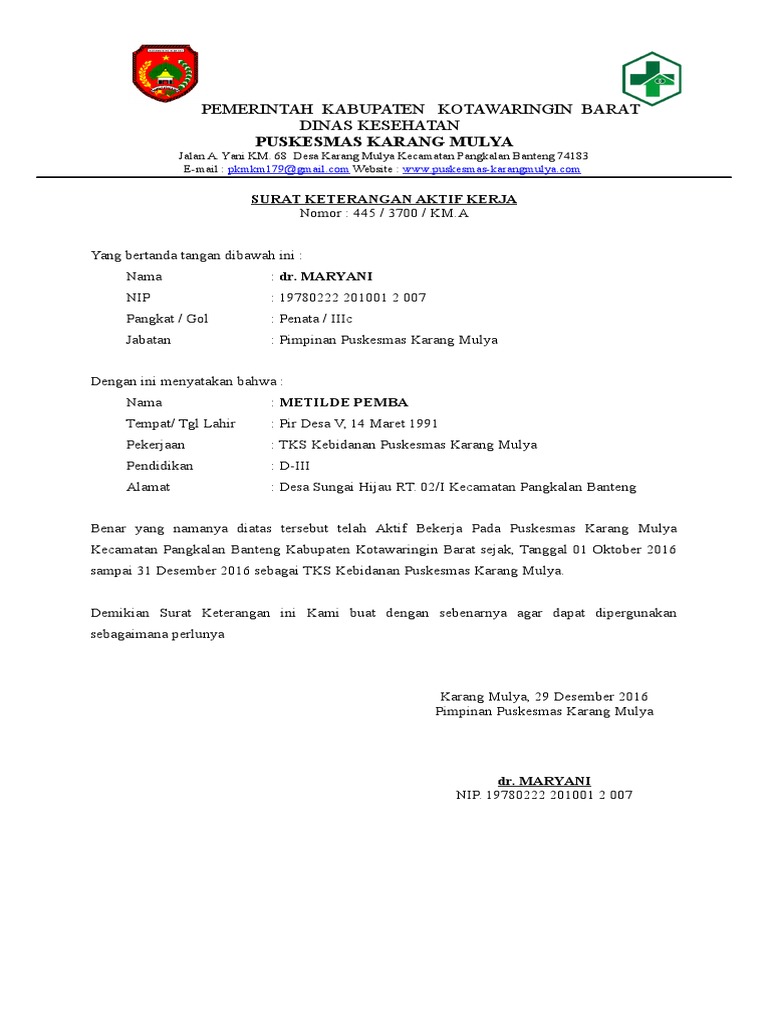 Contoh Surat Keterangan Aktif Kerja Di Puskesmas Surat Keterangan