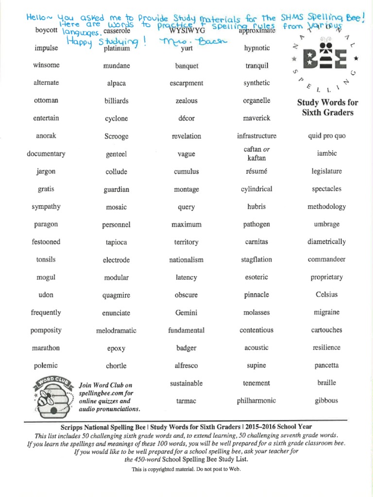 Spelling Bee Study Words PDF | PDF