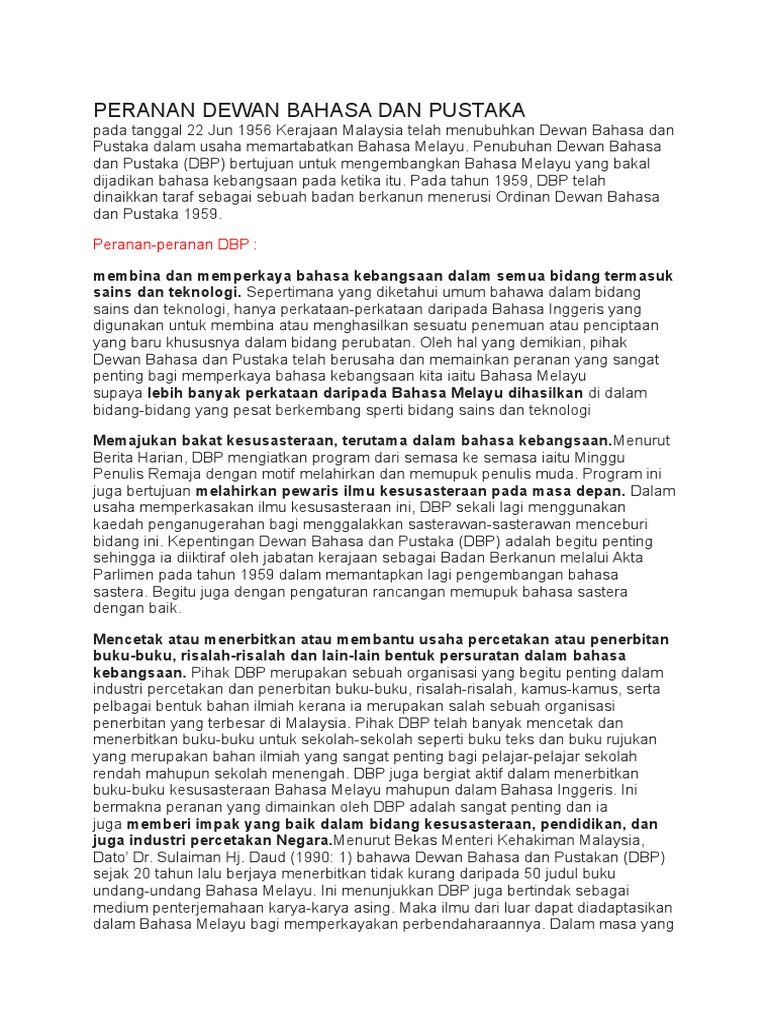 Peranan Dewan Bahasa Dan Pustaka Pdf