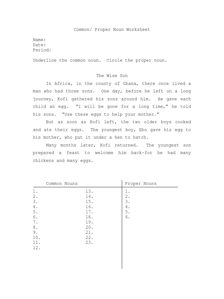 Common Proper Noun Worksheet Underlining Intermediate PDF