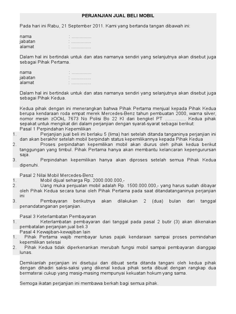 Perjanjian Jual Beli Mobil