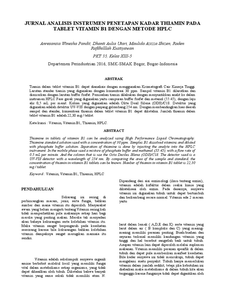 Jurnal Analisis Instrumen Kadar Thiamin Pada Tablet Vitamin