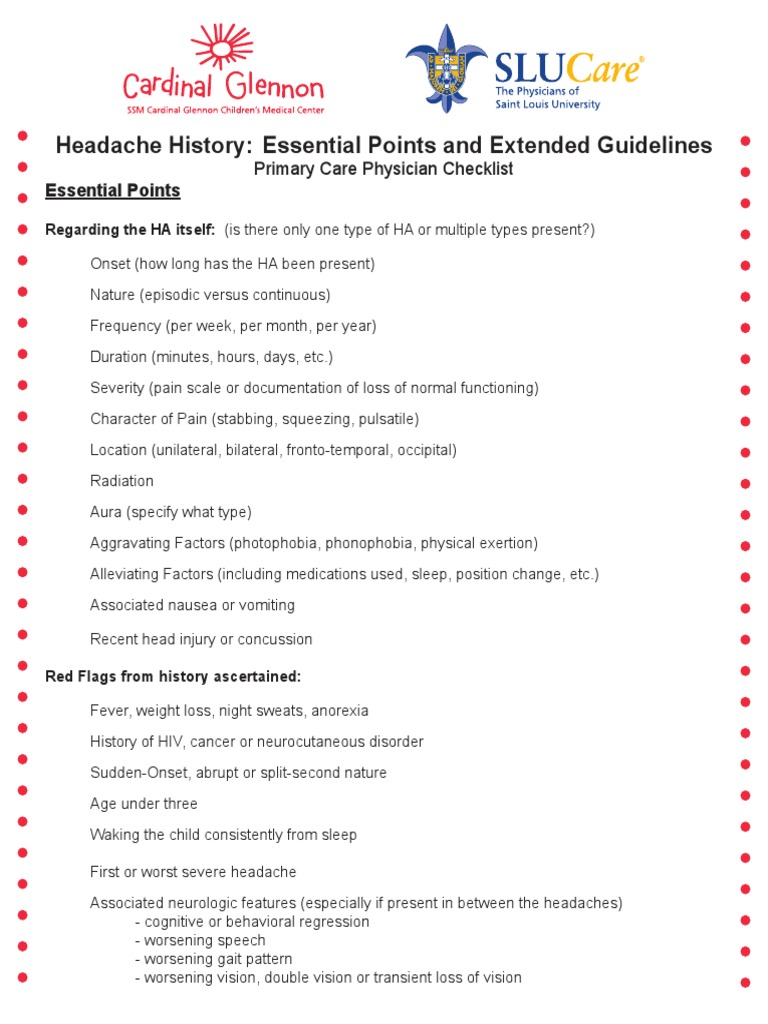 Headache History Checklist for Physicians Headache Migraine