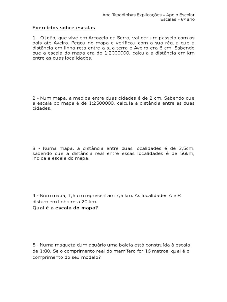 Exercícios Sobre Escalas 6 Ano Matemática