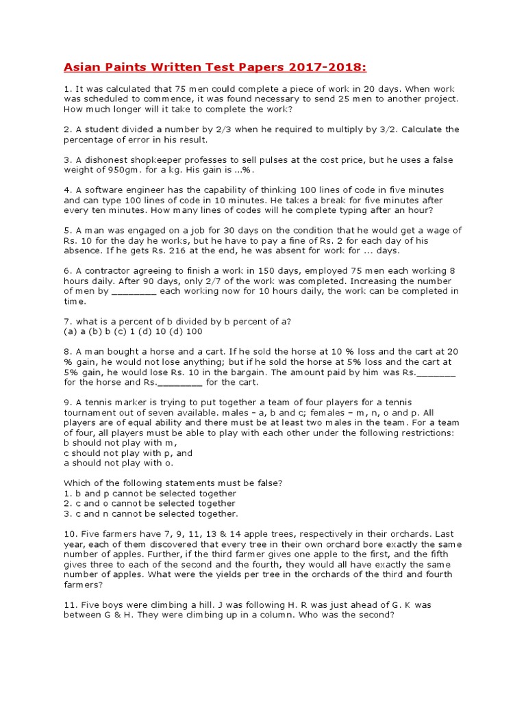 Asian Paints Interview & Test Questions | PDF | Triangle | Negotiation