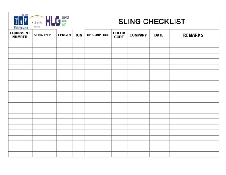 Sling Checklist Equipment Number TON Color Code Company Date PDF